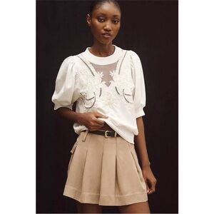 NWT By Anthropologie Puff-Sleeve Embellished Elbow-Sleeve Sweatshirt Large Ivory